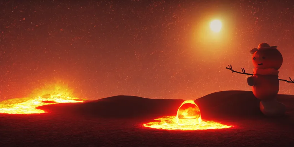 Image similar to a melted glowing snowman melting on top of the sun. the ground is made of fire and lava and is glowing orange. cinematic, dramatic, epic, volumetric lighting, atmospheric, red, orange extremely coherent, masterpiece, highly detailed, trending on artstation, 8 k, space, warm, solar flare, blade runner 2 0 4 9