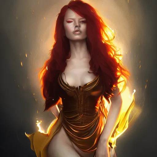 Image similar to redhead vampire sorceress, perfect face, gold shirt, cinematic, stunning, highly detailed, digital painting, artstation, smooth, hard focus, illustration, art by artgerm and greg rutkowski and alphonse mucha, volumetric lighting, octane render, 4 k resolution, trending on artstation, masterpiece