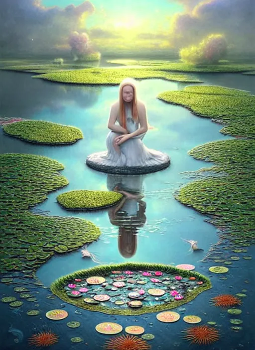 Prompt: art by Gediminas Pranckevicius, Hyperrealistic beautiful water goodness ethereal white north pole girl portrait, art nouveau, fantasy, intricate flower designs, elegant, highly detailed, sharp focus, art by Artgerm and Greg Rutkowski and WLOP - cute woman of tarot card The Star card shows a woman kneeling at the edge of a small pond. She is holding two containers of water. One container pours the water out to the dry land, as if to to nourish it and ensure its fertility. The lush green land around her seems to say that it is working. One foot is inside the water which shows the spiritual abilities and inner strength of the woman. The other foot on the ground shows her practical abilities and strengths. Behind her, there is a large central star surrounded by seven small stars which represent the chakras. There is bird standing at a tree branch which represents the holy ibis of thought. The Star's astrological correspondent is Aquarius.