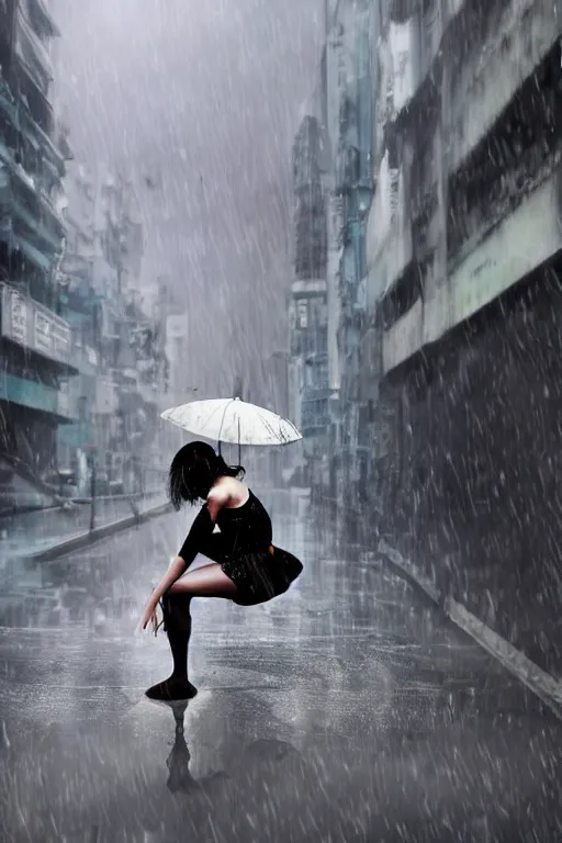 Prompt: a dynamic photograph of a ballet dancer in a wet, dystopic Hong Kong bladerunner street. Realism.