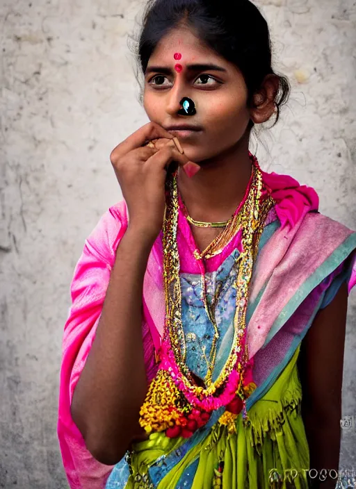 Image similar to color Mid-shot portrait of a beautiful 20-year-old woman from India in her traditional get-up, candid street portrait in the style of Mario Testino award winning, Sony a7R