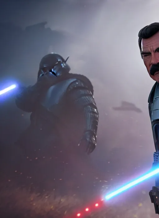 Image similar to film still of tom selleck as cal kestis in star wars jedi fallen order, gameplay, 8 k, hd