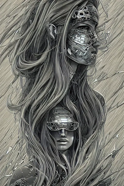 Image similar to gold and silver tones, cybernetic war, style of moebius, james jean, mcbess, long glowing ethereal hair, cinematic, highly detailed, award winning, 8 k photorealistic
