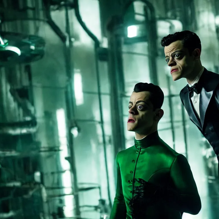 Image similar to rami malek as the riddler, movie still, 8 k, hdr, atmospheric lighting