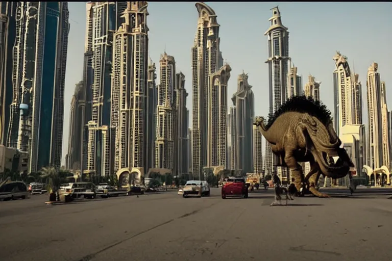 Image similar to cinematography dinosaurs in the streets of dubai by Emmanuel Lubezki