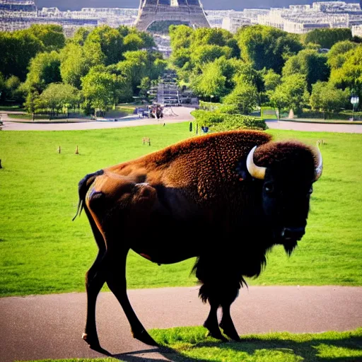 Prompt: photo of a bison on the background of the Eiffel Tower, 50mm, beautiful photo