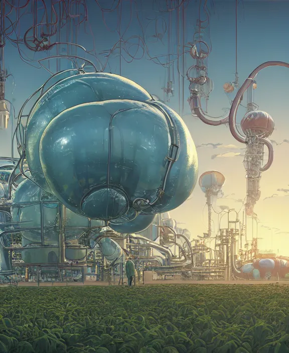 Image similar to inflated industrial plant made from isopod lobster octopus, in the style of puffy spaceship, overgrown with orchids, partly cloudy, spooky, dramatic lighting, by geof darrow, bill sienkiewicz, dan mumford, yusuke murata, makoto shinkai, ross tran, cinematic, unreal engine, cel shaded, featured on artstation, pixiv