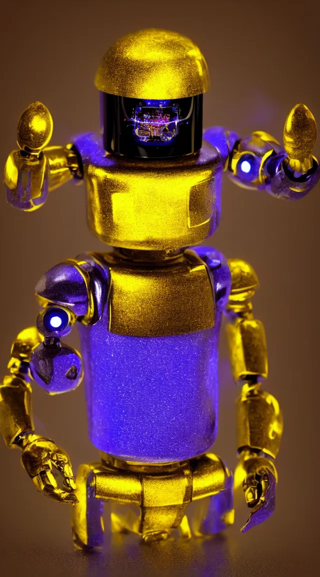Prompt: tiny robot in the dark, hrd, hyperrealistic, hyper detailed, tiny, lights, yellow, purple, blue, top hat, moustache, dusk