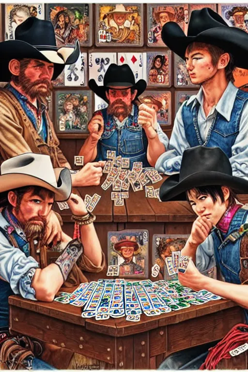 Prompt: full view, from a distance, of cowboys in the saloon playing card games, style of yoshii chie and hikari shimoda and martine johanna, highly detailed