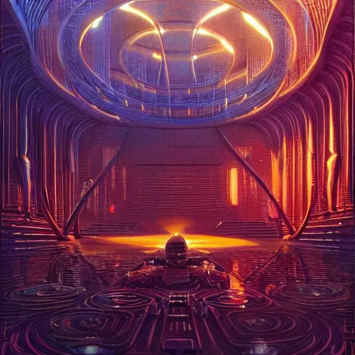 Prompt: ai virtual robots playing multidimensional intellectual logic games against each other in a glowing cypherpunk thunderdome, beautiful delicacy, flowing art deco nouveau brutalist architecture, tim hildebrandt, wayne barlowe, bruce pennington, donato giancola, trending on artstation, cinematic composition, beautiful lighting, hyper detailed, 8 k, oil on canvas
