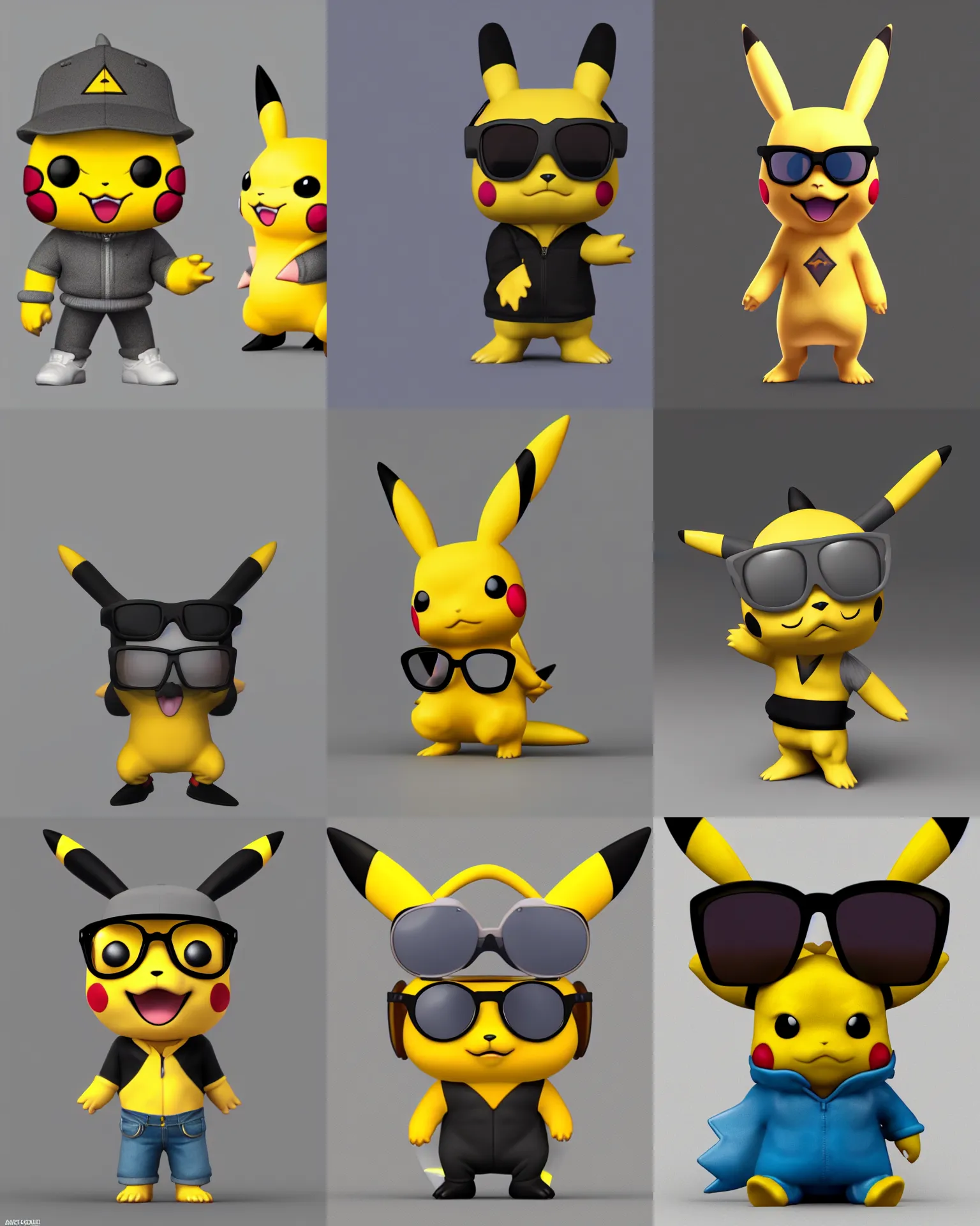 Prompt: full body 3d render of pikachu with sunglasses as a funko pop!, studio lighting, grey background, single body, no shadow, blender, trending on artstation, 8k, highly detailed