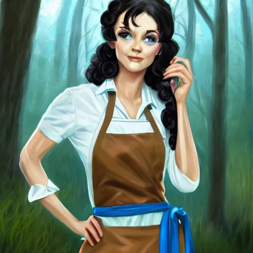 Prompt: a portrait of a 1 9 6 0 s woman with curly black hair and blue eyes, and an apron in the forest, dynamic lighting, fantasy concept art, trending on art station, stunning visuals, cinematic, ultra detailed