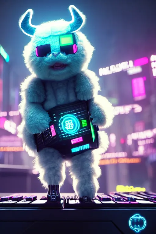 Image similar to high quality 3 d render very cute neuromancer fluffy! cyborg cow playing! keyboard!!, highly detailed, unreal engine cinematic smooth, in the style of blade runner & detective pikachu, hannah yata charlie immer, moody light, low angle, uhd 8 k, sharp focus