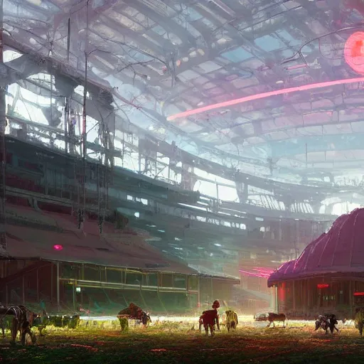 Image similar to a farm inside of a stadium, Simon Stalenhag, Wadim Kashin, solarpunk, utopian socialism, detailed, 4K, cinematic