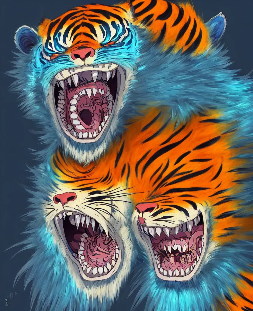 Image similar to beautiful painting from the anime film by studio ghibli neon blue anthropomorphic tiger portrait, drooling and snarling, too many teeth, too many mouths, golden hour backlit, trending on artstation, cell shading, 8k octane render, manga