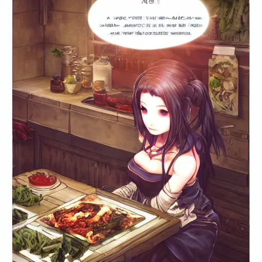 Image similar to goth woman making dinner, color page, tankoban, 4 k, tone mapping, akihiko yoshida, james jean andrei riabovitchev marc simonetti, yoshitaka amano, long hair, curly, h. hydrochaeri