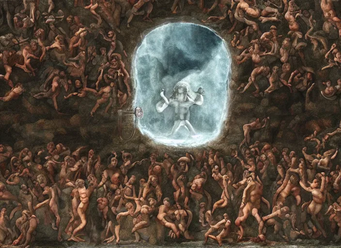 Image similar to crowd of people, water portal to hell located in heaven, photorealistic, rule of thirds, 4 k, dark bright effect, alvah angelrune, michelangelo, version 3