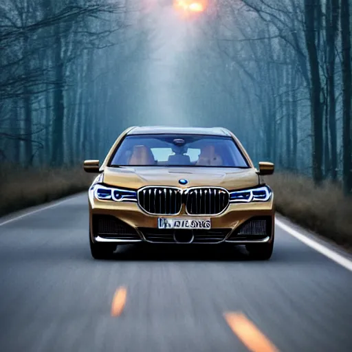 Prompt: a [ bmw 7 ]!! driving on an empty highway at night, [ fireworks in the sky ]!!, and a [ wooded forest ] in the background, trending on artstation, [ digital art ]!!, [ golden ratio ]!!, centered!!