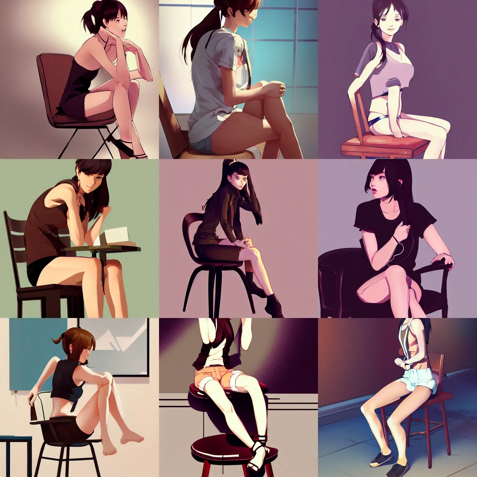 Prompt: sexy girl wearing shorts, brown hair in a ponytail, sitting on a chair, upright posture, in the style of ilya kuvshinov and ross tran