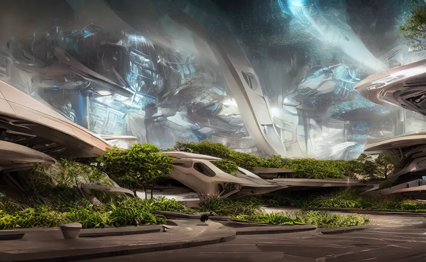 Prompt: Futuristic parking lot with ((((beautiful and magical garden)))). By Frank Lloyd Wright, concept art, inrincate, sharp focus, digital painting, unreal engine, cgsociety, neoclassical, mech, robot, fractal flame, cinematic, highly detailded