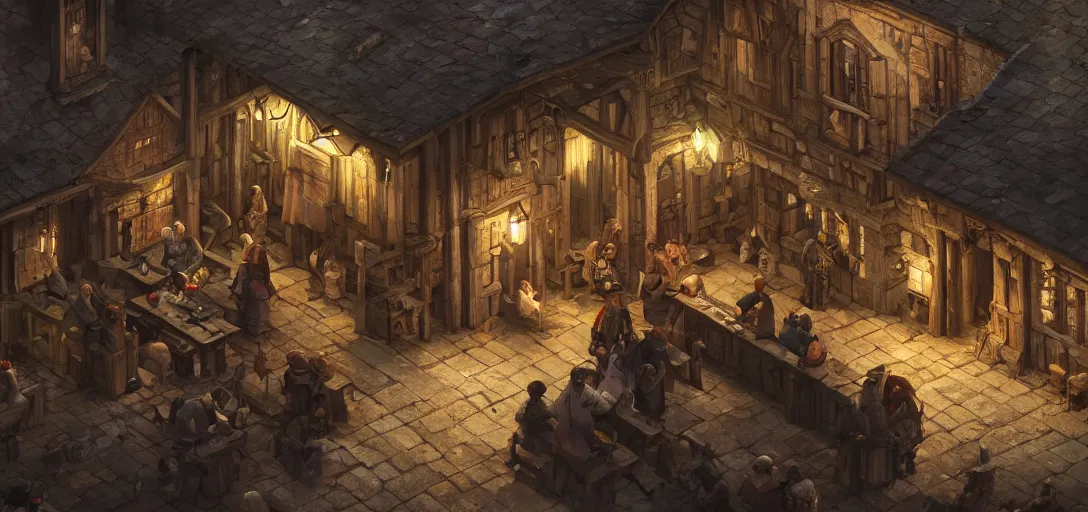 Image similar to game design, architecture, medieval tavern building, outside view, isometric view, game art, game dev, concept, extremely high detail, photo realistic, cinematic lighting, post processed, concept art, artstation, matte painting, style by eddie mendoza, raphael lacoste, alex ross