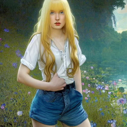 Prompt: A young woman with blonde long hair and bangs in shorts and white shirt drawn by Donato Giancola and Jon Foster, frank frazetta, alphonse mucha, background by James Jean and gustav klimt, 4k, volumetric lighting, french nouveau, trending on artstation, octane render, hyperrealistic but with the face of Walter white