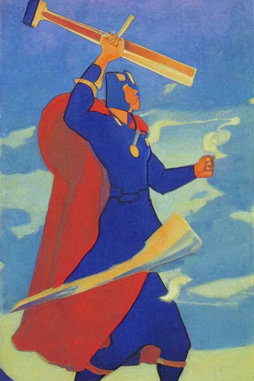 Image similar to thor holding the hammer, marvel, artwork by nicholas roerich,