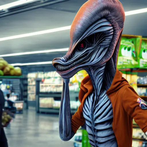 Image similar to mid shot of an realistic alien dressed by emidio tucci buying groceries at the store, shot by amanda carlson and alex strelkovv, professional photo, masterpiece, very detailed, hyper - realistic, unreal engine, straight face, cinematic, 4 k