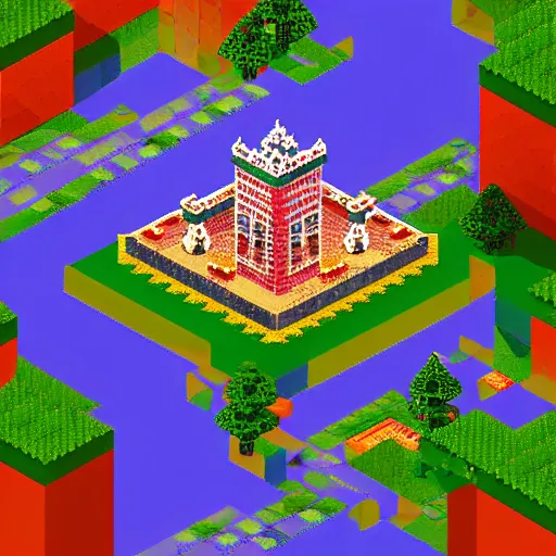 Prompt: isometric pixel art, soft lighting, pixel town, medival Pixelated castle, ultra detailed