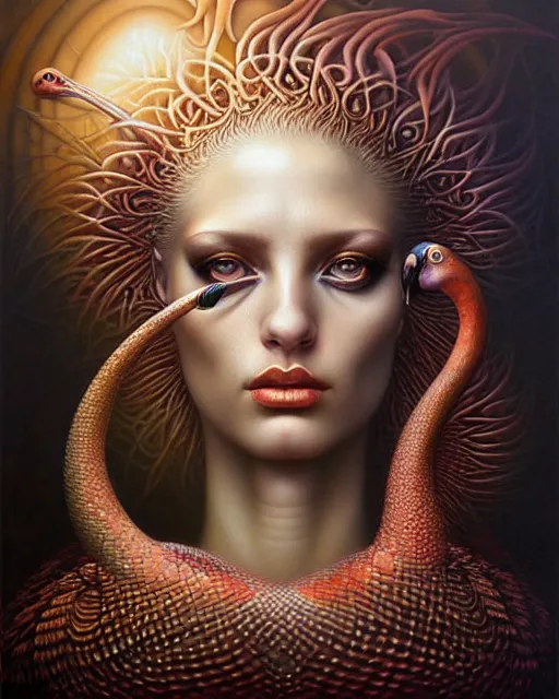 Image similar to a detailed portrait of dreampunk flamingo python hybrid mix beautiful! goddess by tomasz alen kopera and peter mohrbacher