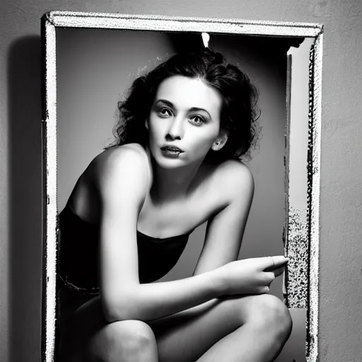 Prompt: a beautiful actress sitting at a vanity in front of a cracked mirror, beautiful face, elegant furniture