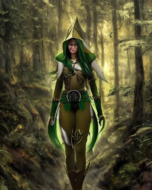 Prompt: a beautiful photo of a young woman, green elf ranger with long flowing hair and a green leather hood, elf ranger leather armor with olive green and brown colors and gold lining, young female face, realistic body proportions, inside deep in a magical forest, cinematic top lighting, insanely detailed and intricate, face by wlop, Charlie Bowater, designs by zhelong xu and gustave doré, golden ratio, symmetric, elegant, ornate, luxury, elite, matte painting, cinematic, trending on artstation, deviantart and cgsociety, 8k, high resolution