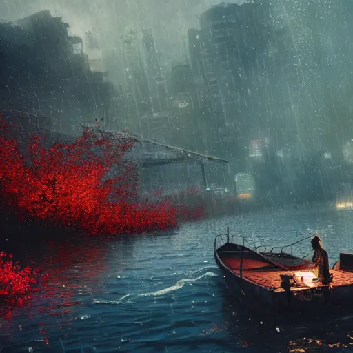 Prompt: a boat wandering in the river, asia, cyberpunk, japan, land, rain, dark, lostus flowers, octance render, artstaion, 8 k, fantasy