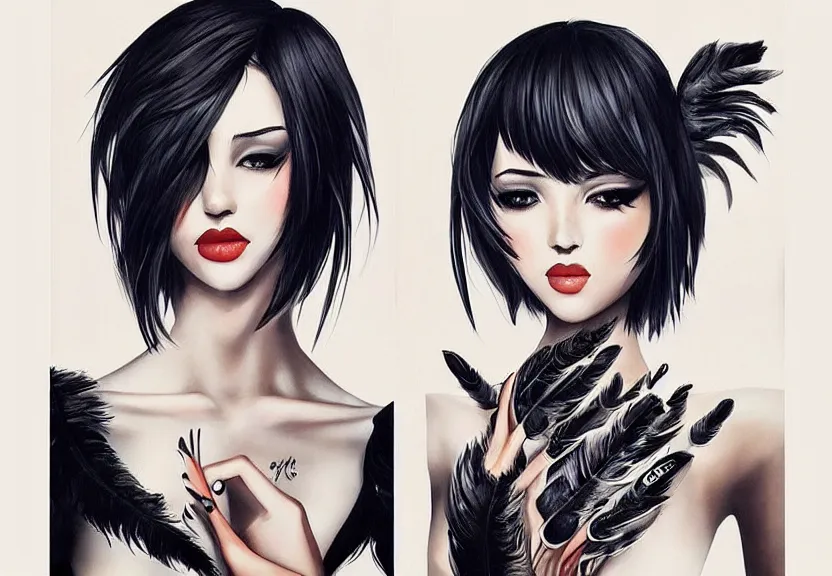 Prompt: beautiful girl with a short black haircut wearing a dress made of black feathers, artwork in artgerm art style, anatomically perfect