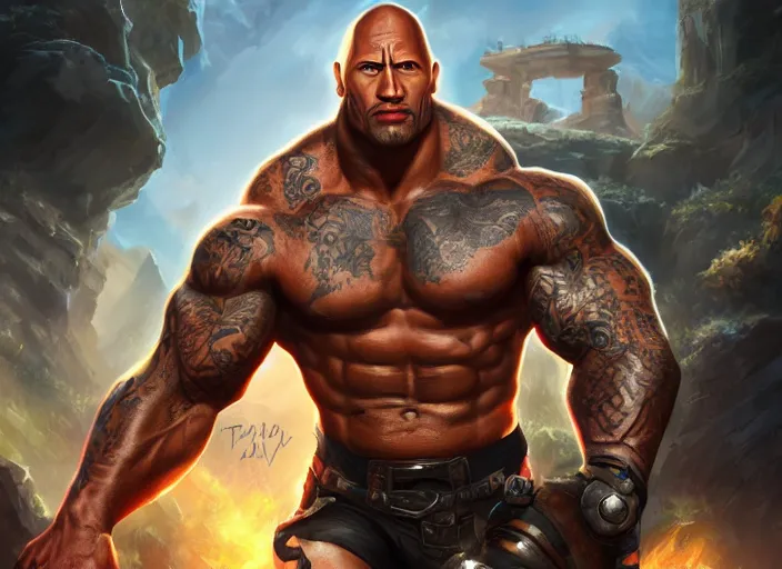 Prompt: dwayne johnson character concept art, digital illustration, trending on artstation, intricate details, epic composition, sharp focus, 8 k uhd, masterpiece, league of legends splash art