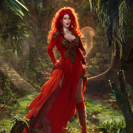 Prompt: portrait of a female draconic sorceress with curly red hair wearing a red dress and a red coat exploring the ruins of an abandoned maya city in the jungle, fantasy, highly detailed, digital painting, artstation, concept art, character art, art by greg rutkowski and tyler jacobson and alphonse mucha