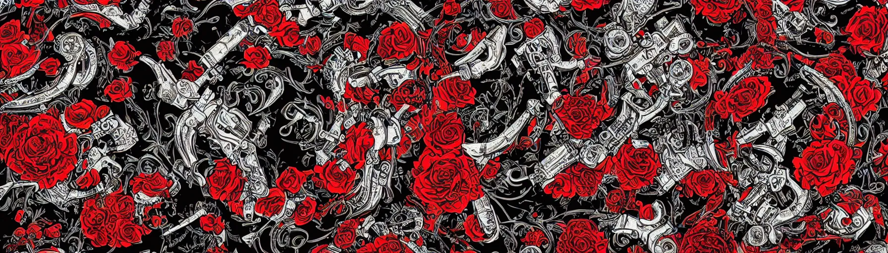 Prompt: an epic guns and roses mural on a crimson and black background, intricate illustration, highly ornate, exquisite detail, rtx, 4k