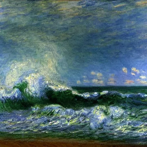 Image similar to a stormy sea with large waves and lightning in the sky, oil painting, impressionist, monet