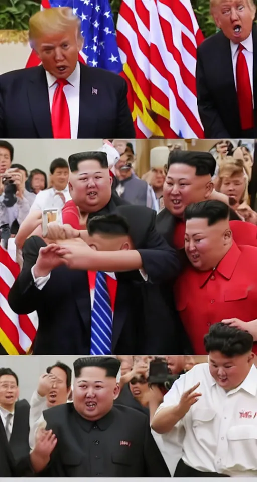 Image similar to blurry cell phone recording of donald trump punching kim jong un in the face