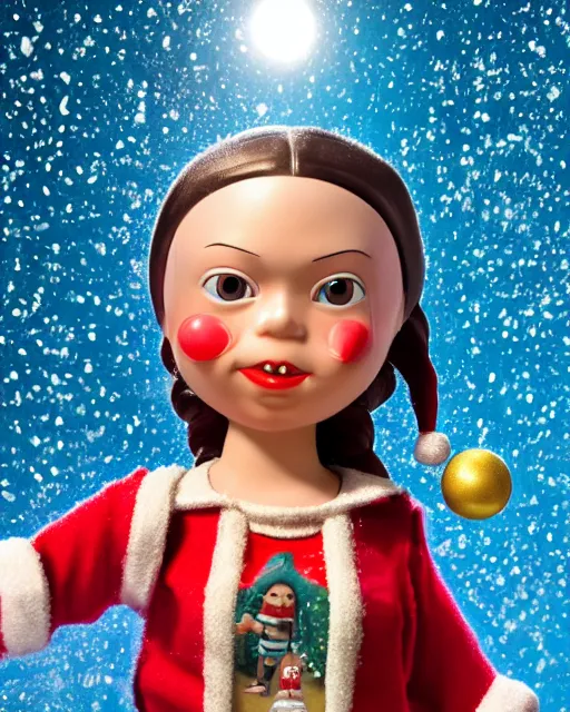 Image similar to highly detailed closeup, portrait of a tin toy santa greta thunberg wearing a bikini, depth of field, fashion photoshoot by nicoletta ceccoli, mark ryden, lostfish, dan decarlo, bob clampett, max fleischer, breathtaking, detailed and intricate snowenvironment, 8 k resolution, hyperrealistic, octane render