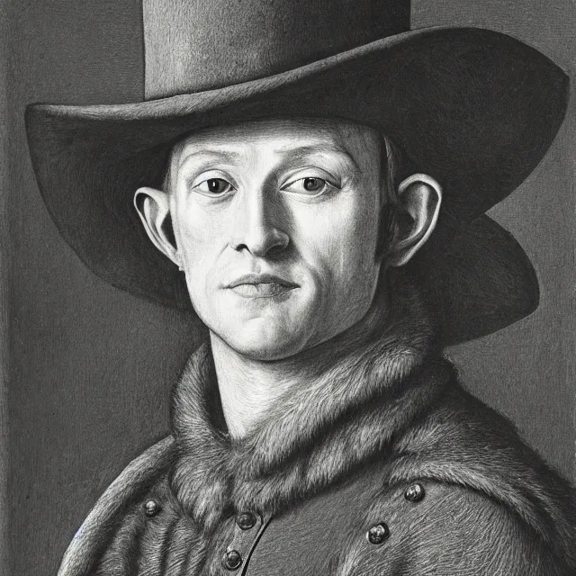 Image similar to 3/4 bust portrait of a shifty high fantasy elf sheriff wearing a cowboy hat and star badge by Jan van Eyck, 8k scan