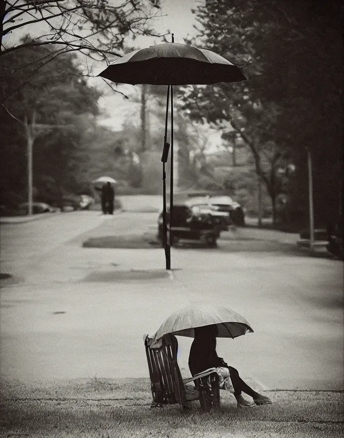 Image similar to “ photography in the style of gregory crewdson, quiet american neighborhood, a woman waiting with a black umbrella ”