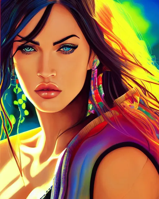 Image similar to portrait of megan fox, beautiful, elegant colorful, inspired by steel ball run manga, artstation trending, deviantart, highly detailed, focus, smooth, illustrated by hirohiko araki