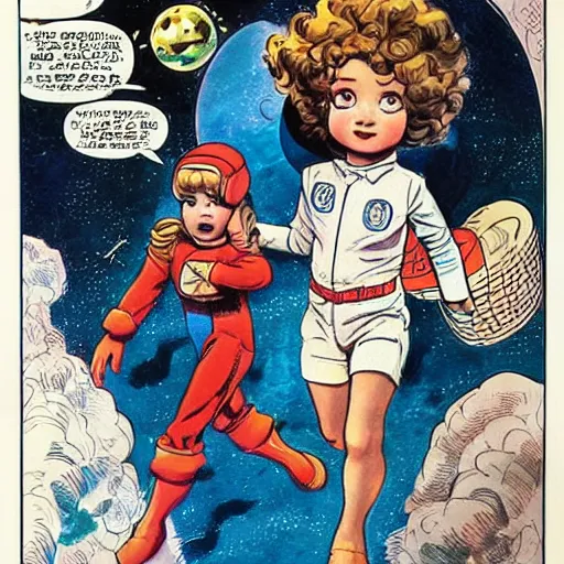 Image similar to a cute little girl with a mischievous face and short brown wavy curly hair. she is dressed as an astronaut. well composed, clean elegant painting, beautiful detailed face. comic book art by steve ditko and jack kirby and ( greg rutkowski )