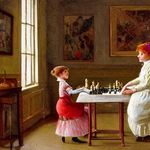 Image similar to a rabbit and a young edwardian woman playing chess in a room, in the style of carl larsson