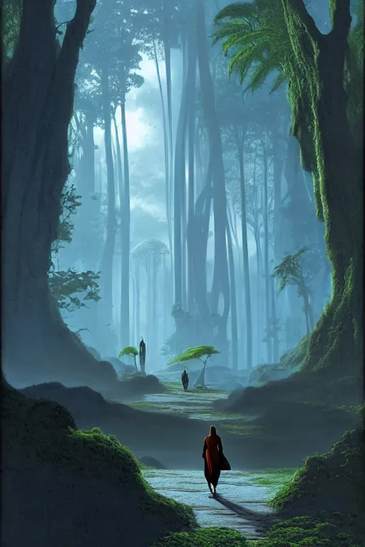 Prompt: emissary a woman walking her two dogs through a blue endor jungle ( designated : ix 3 2 4 4 - a ) in star wars to a magical building designed by zaha hadid, illustrated by arthur haas and bruce pennington and john schoenherr, cinematic matte painting, 8 k, dark color palate