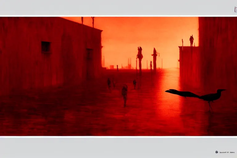 Image similar to only with red, a red dystopic knight, venice, flock of birds in the red sky, in the style of beksinski, parts by edward hopper, parts by rodcenko, parts by yue minjun, intricate and epic composition, red by caravaggio, insanely quality, highly detailed, masterpiece, red light, artstation, 4 k