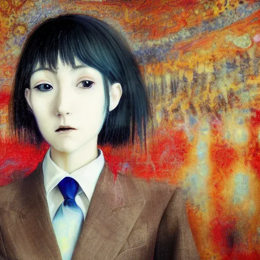 Image similar to yoshitaka amano blurred and dreamy realistic three quarter angle portrait of a young woman with short hair and black eyes wearing office suit with tie, junji ito abstract patterns in the background, satoshi kon anime, noisy film grain effect, highly detailed, renaissance oil painting, weird portrait angle, blurred lost edges