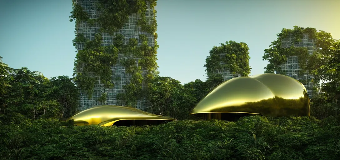 Image similar to futuristic shinny golden building camouflaged in an jungle landscape of a solarpunk world by oscar niemeyer, golden roads le corbusier and frank gerhy, brutalism, movie poster, golden ratio, at dusk lighting, evening lighting, reflections and refractions, film still, hyper realistic, octane render redshift arnold materials unreal engine, 8 k post production, hyper detailed