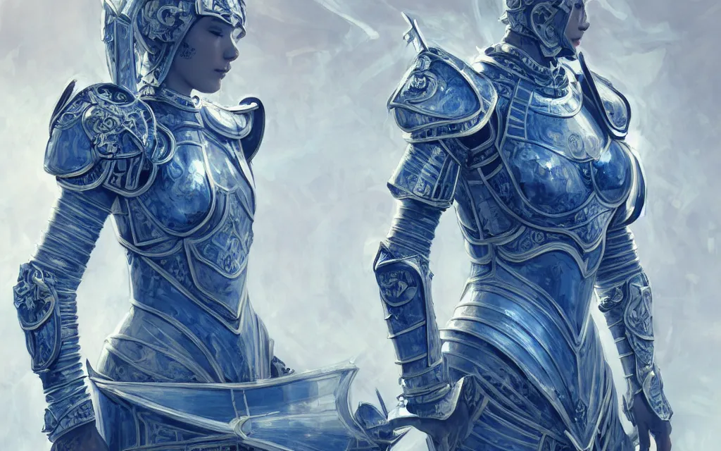 Prompt: knights of zodiac girl, chinese blue and white porcelain reflected armor, armor knight cinematic shot, in ruined agora of athens, ssci - fi and fantasy, intricate and very very beautiful and elegant, highly detailed, digital painting, artstation, concept art, smooth and sharp focus, illustration, art by tian zi and wlop and alphonse mucha